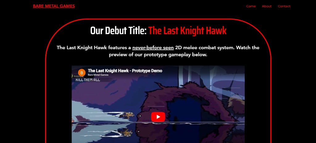 Bare Metal Games website preview featuring The Last Knight Hawk