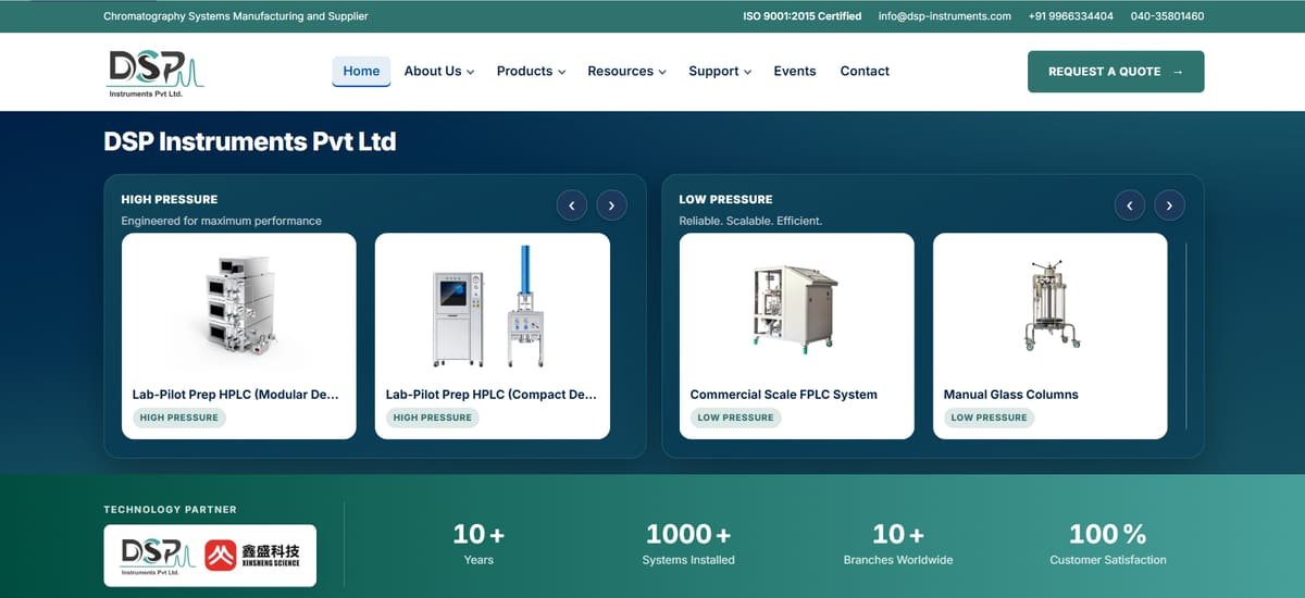 DSP Instruments website preview showing chromatography systems